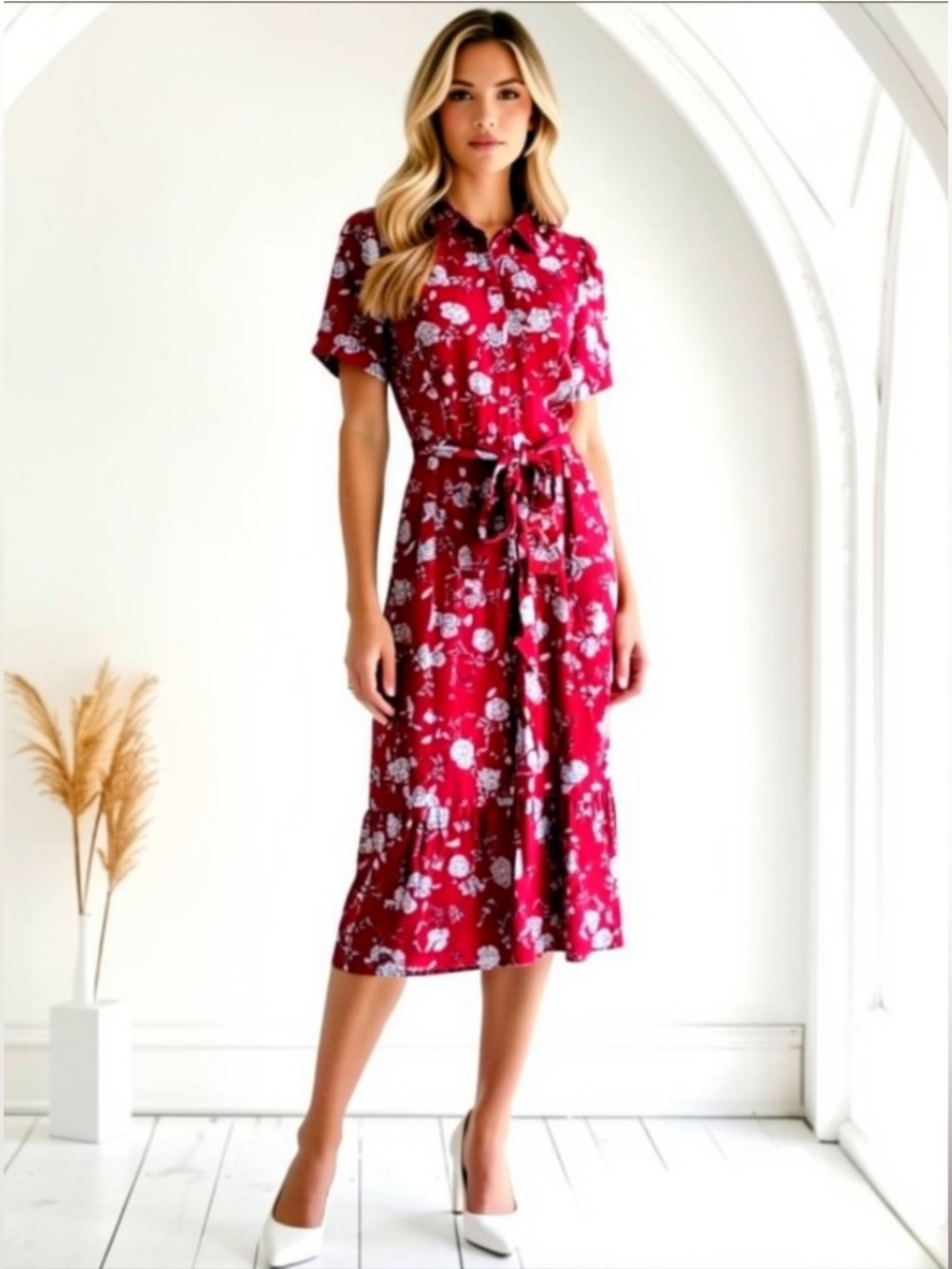 🌺Floral Collared Button Up Maxi Dress Fushia/Magenta & White Size M
